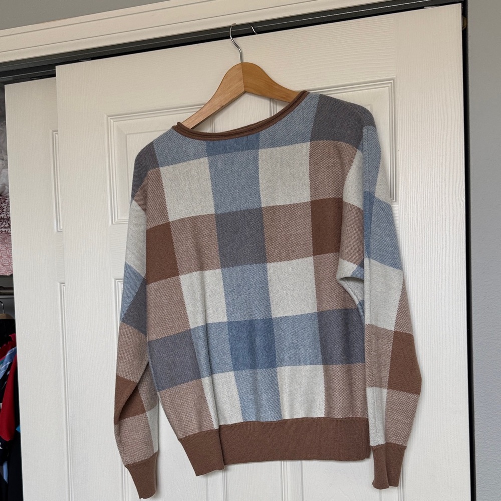Cynthia Rowley Plaid Crewneck Sweater in Blue, Brown & Cream